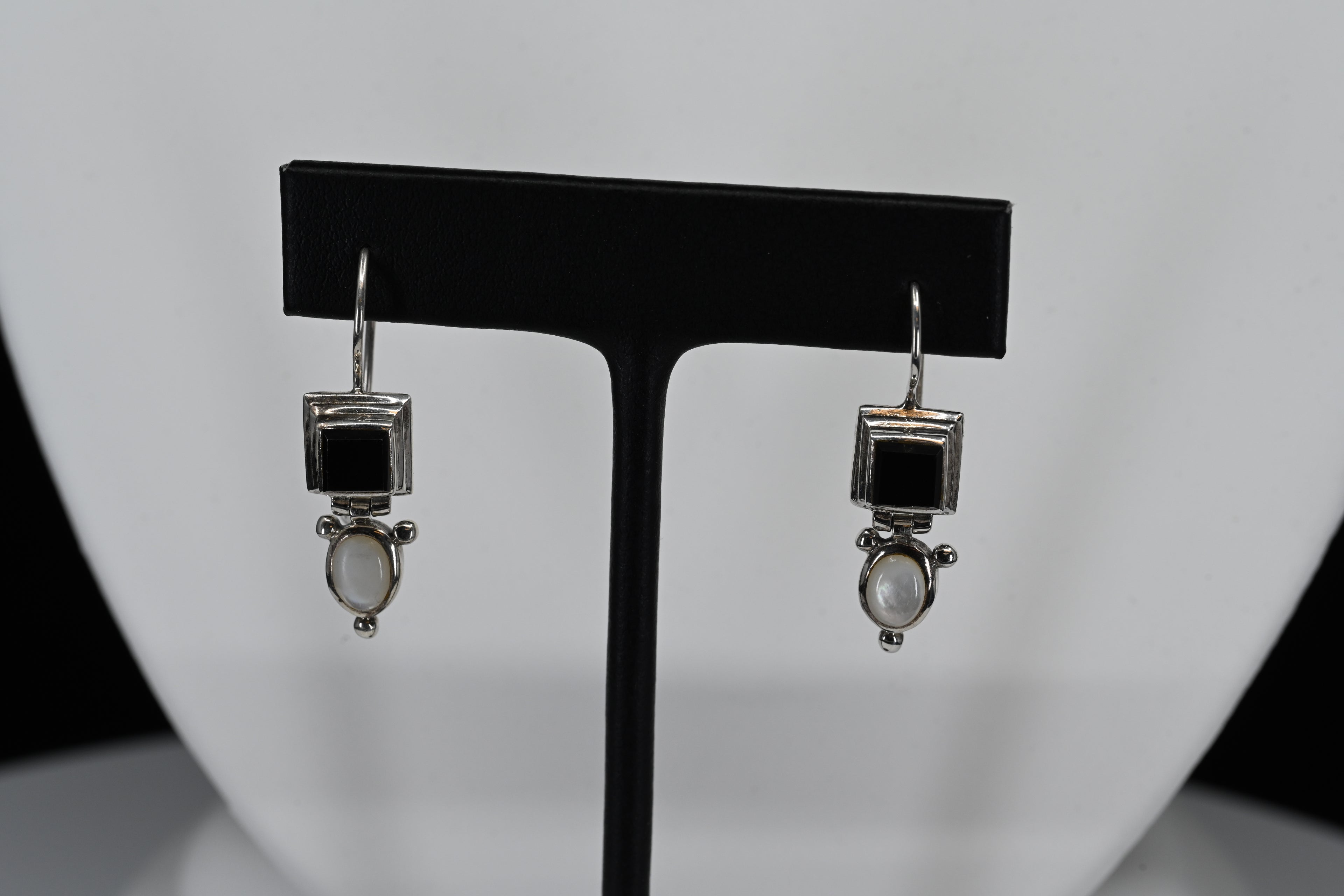 Sterling Silver Mother of Pearl and Black Stone Dangle Earrings