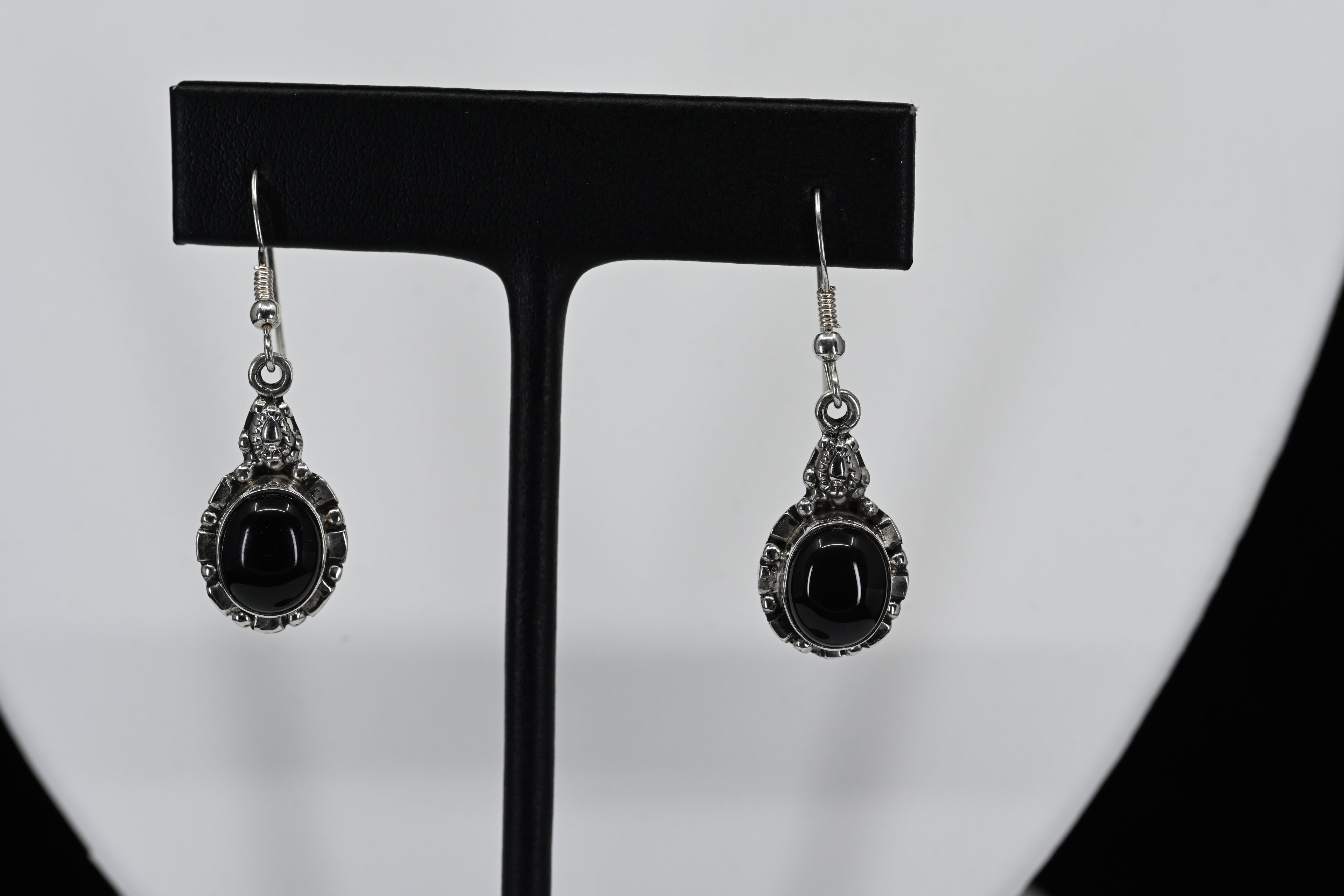 Sterling Silver Black Stone Oval Dangle Earrings
