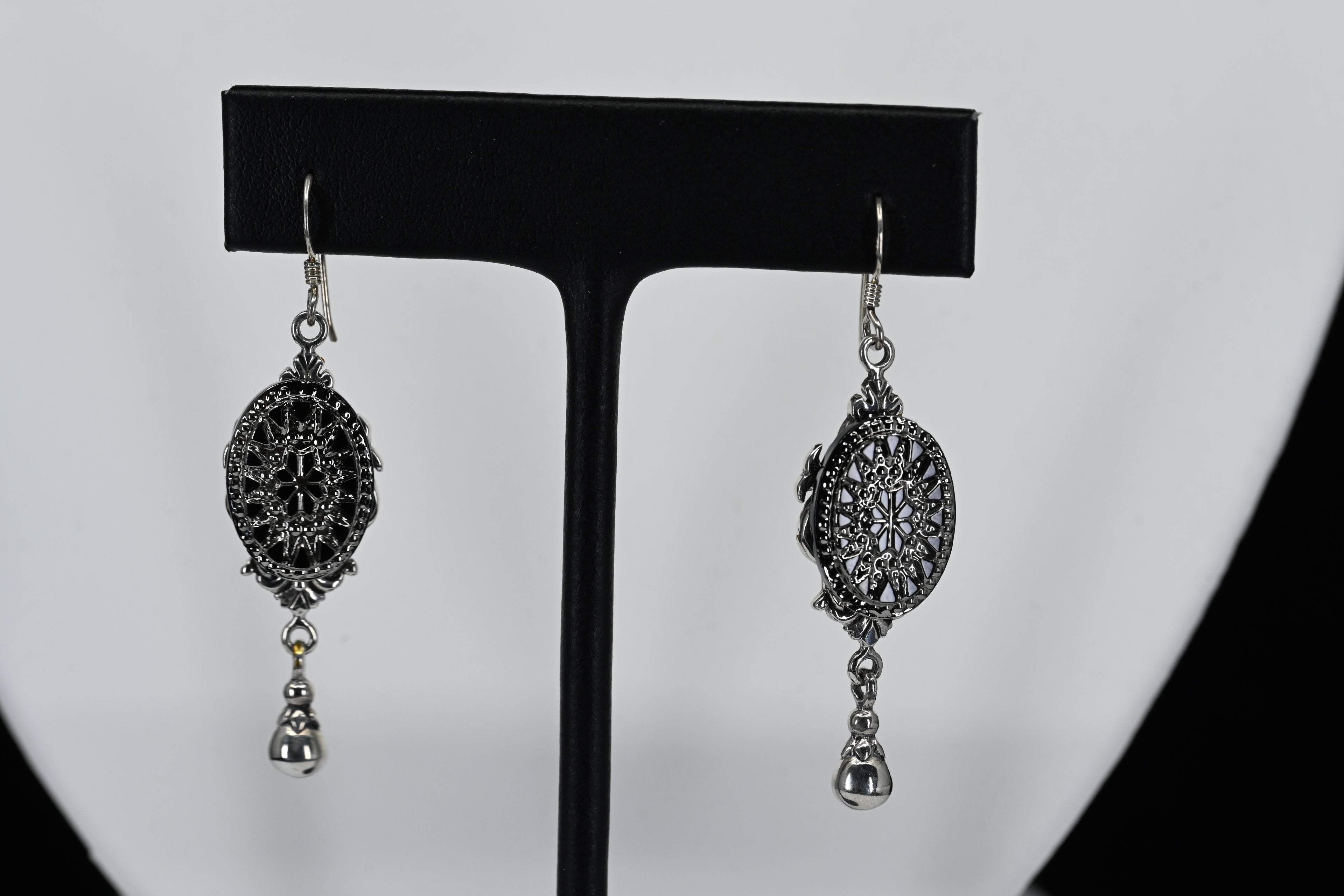 Sterling Silver Black Stone Floral Dangle Earrings
