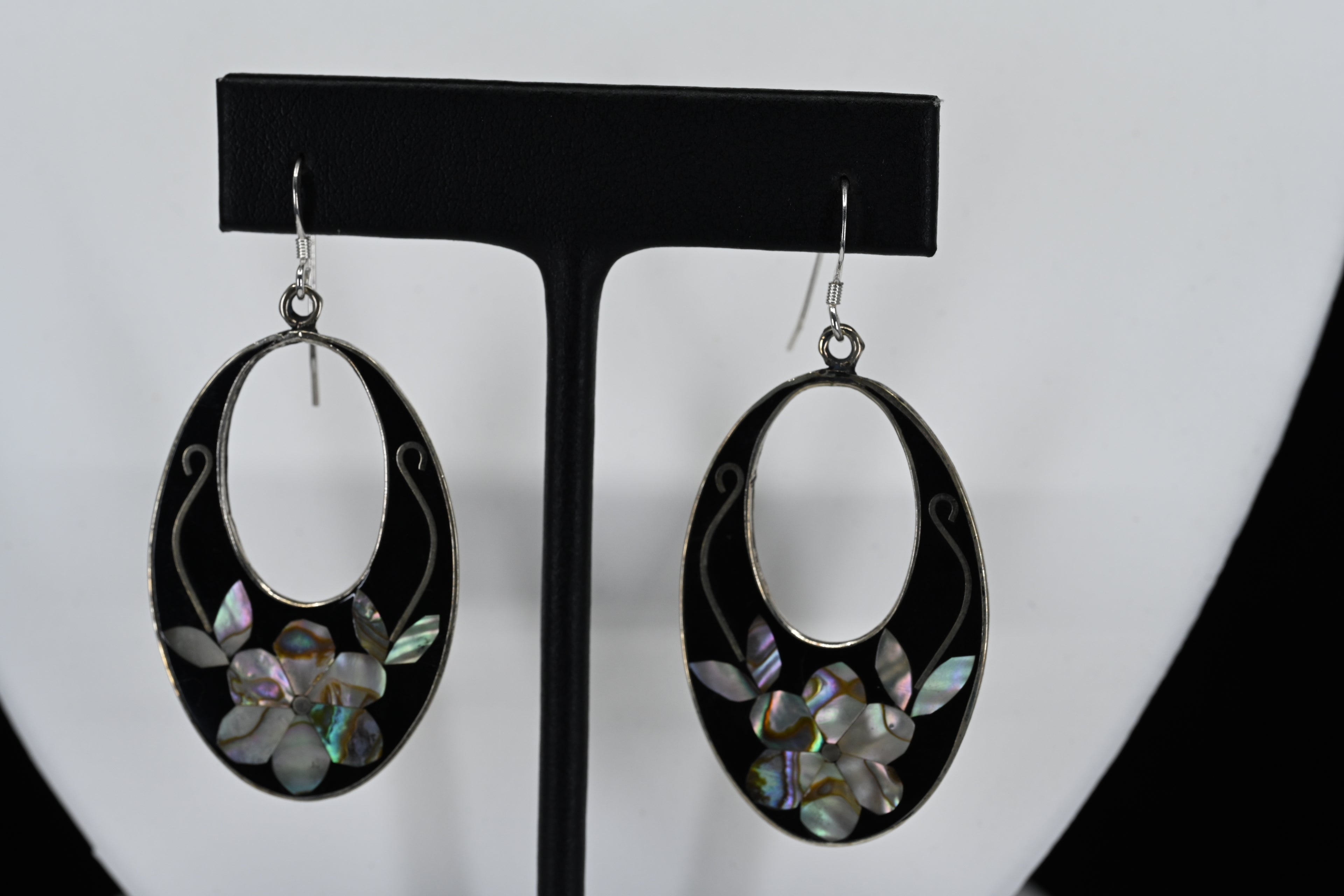 Sterling Silver Mother of Pearl and Black Stone Floral Dangle Earrings