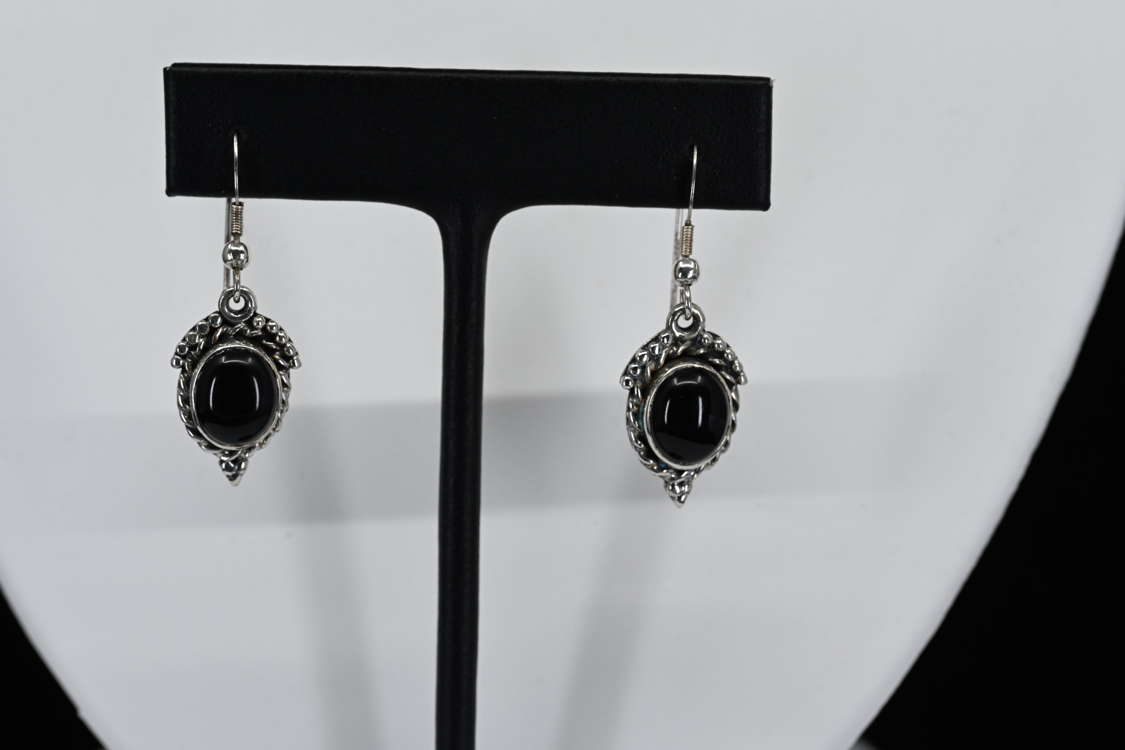 Sterling Silver Black Stone Oval Dangle Earrings