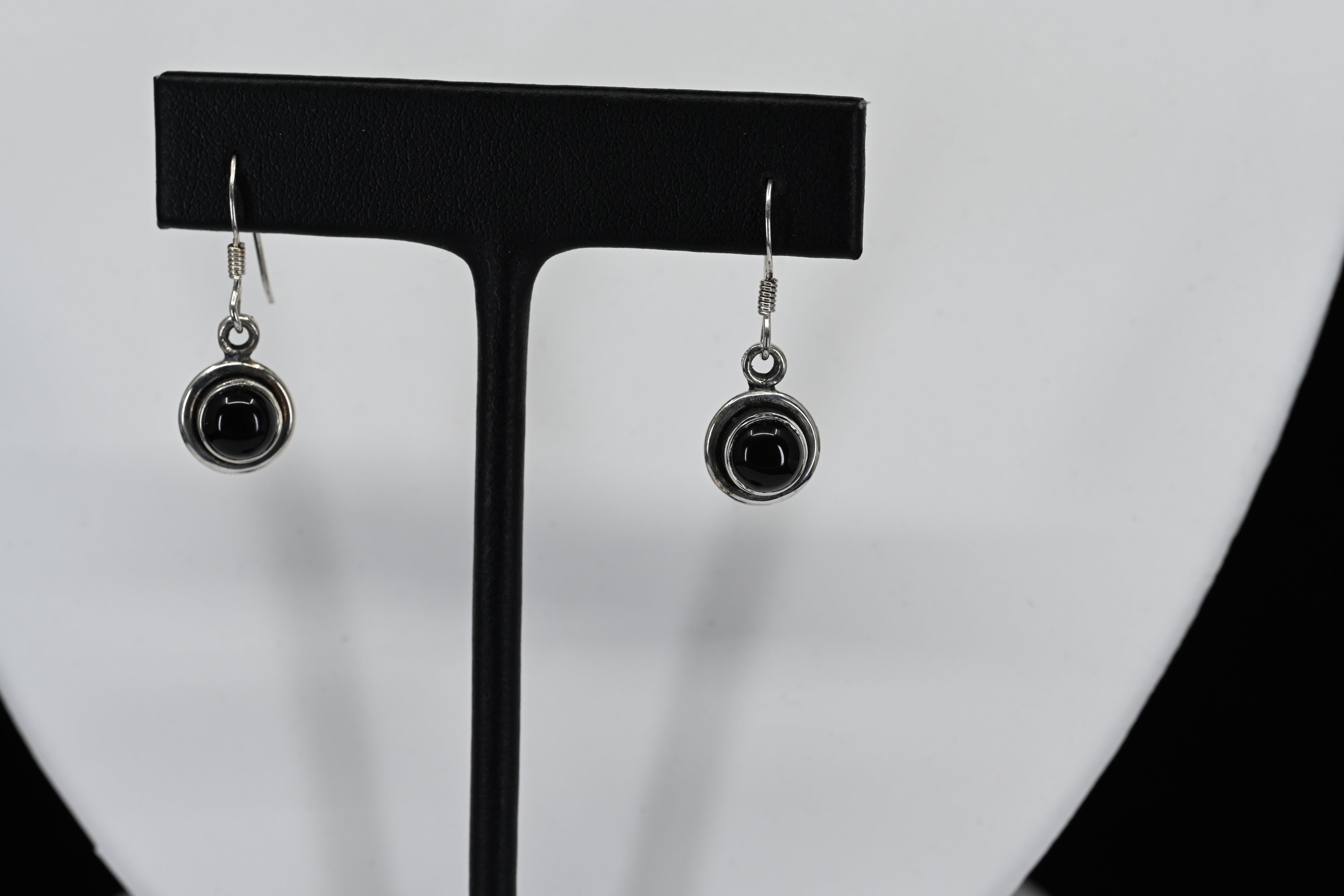 Sterling Silver Circle Black Stone Dangle Earrings