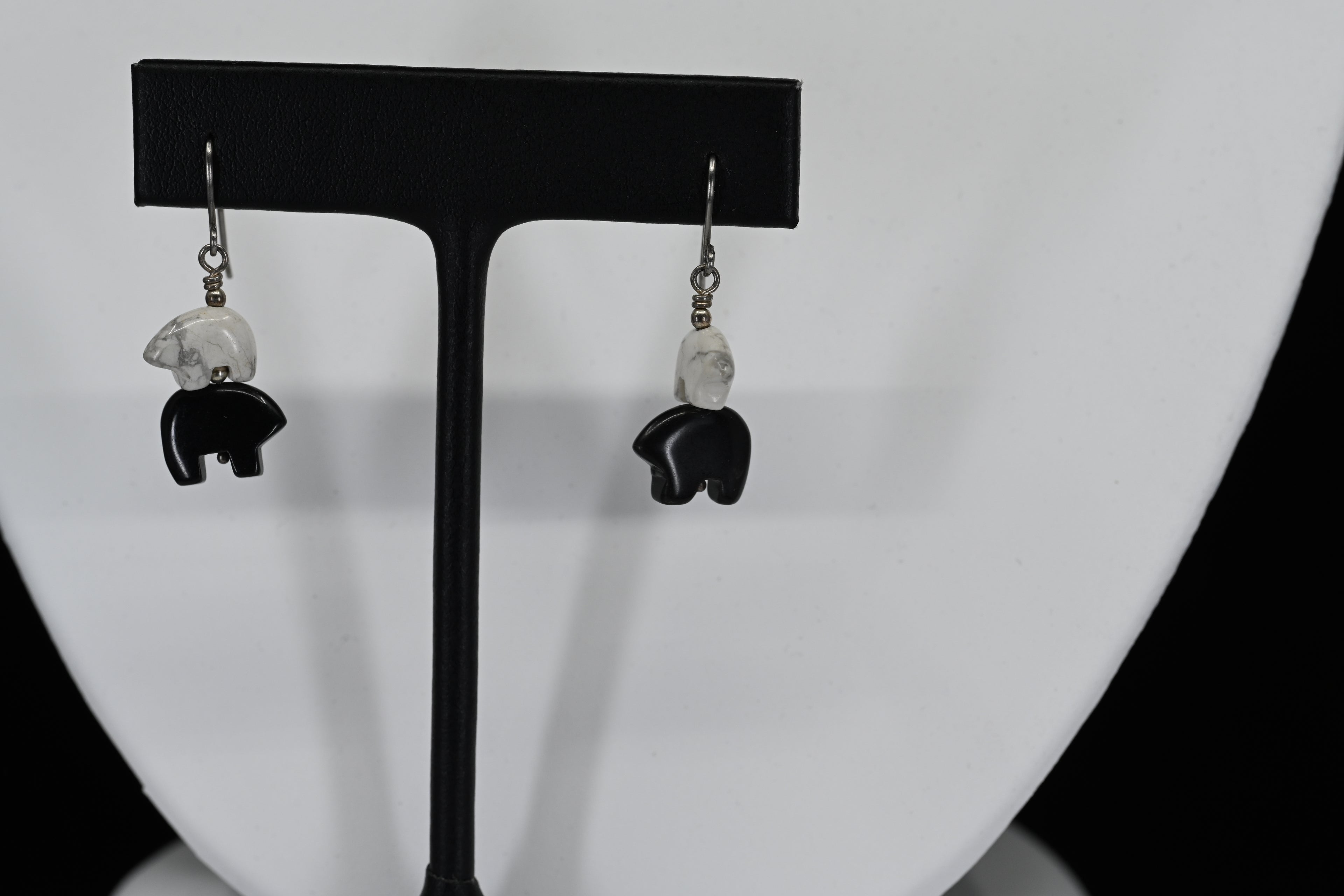 Sterling Silver Black and White Stone Bear Dangle Earrings
