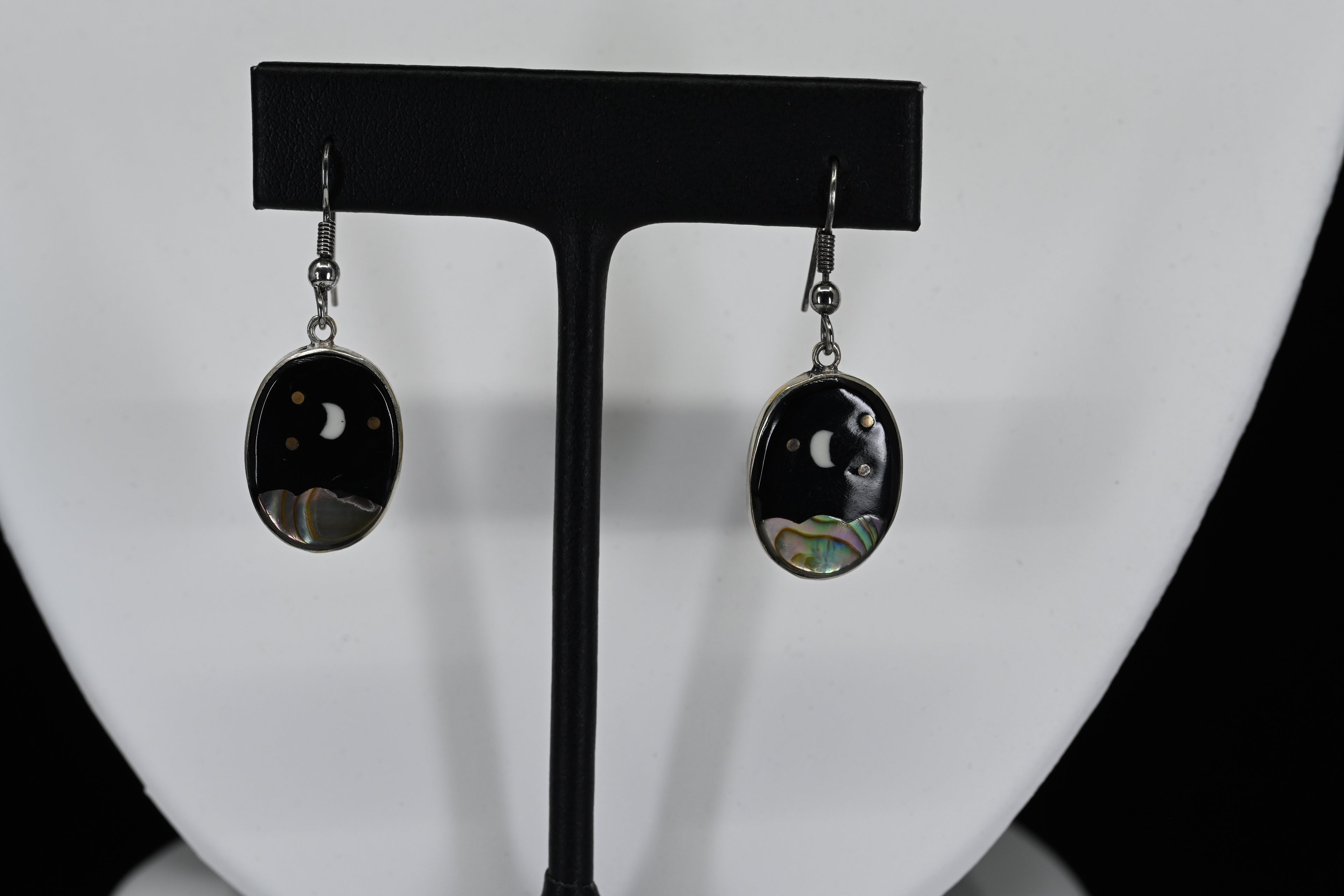 Sterling Silver Oval Black Stone Starry Night with Abalone Dangle Earrings