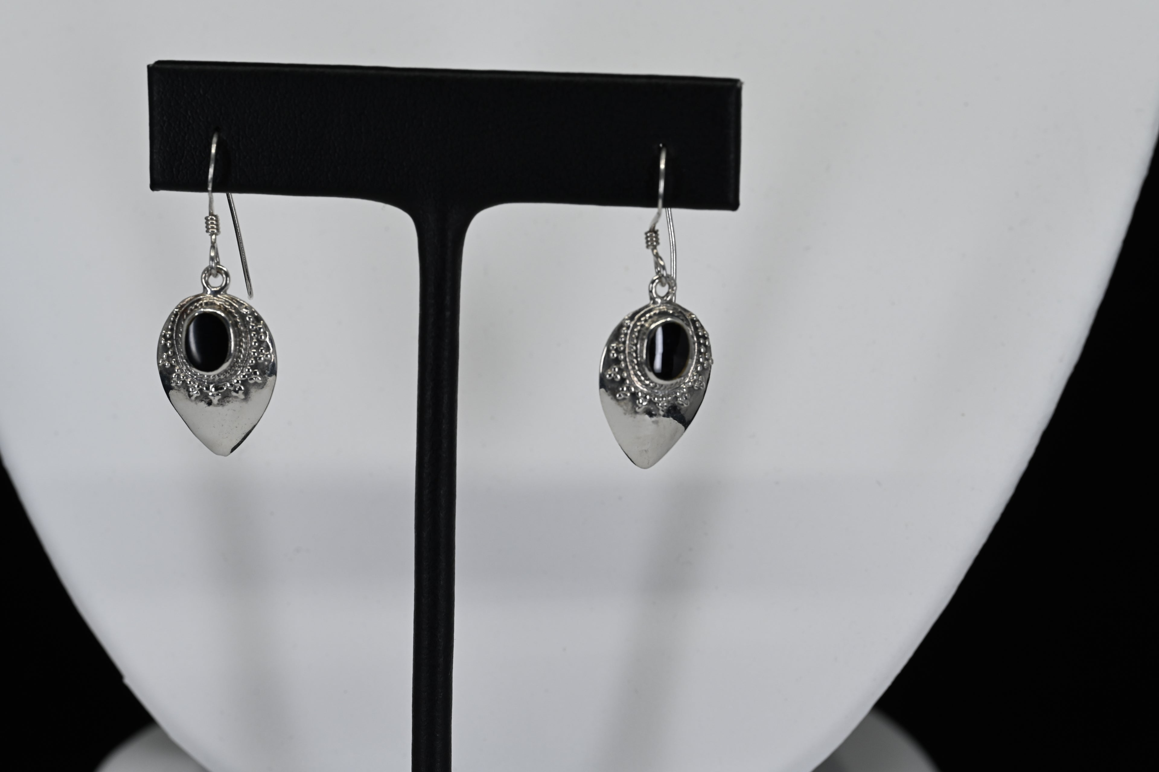 Sterling Silver Black Stone Oval Dangle Earrings