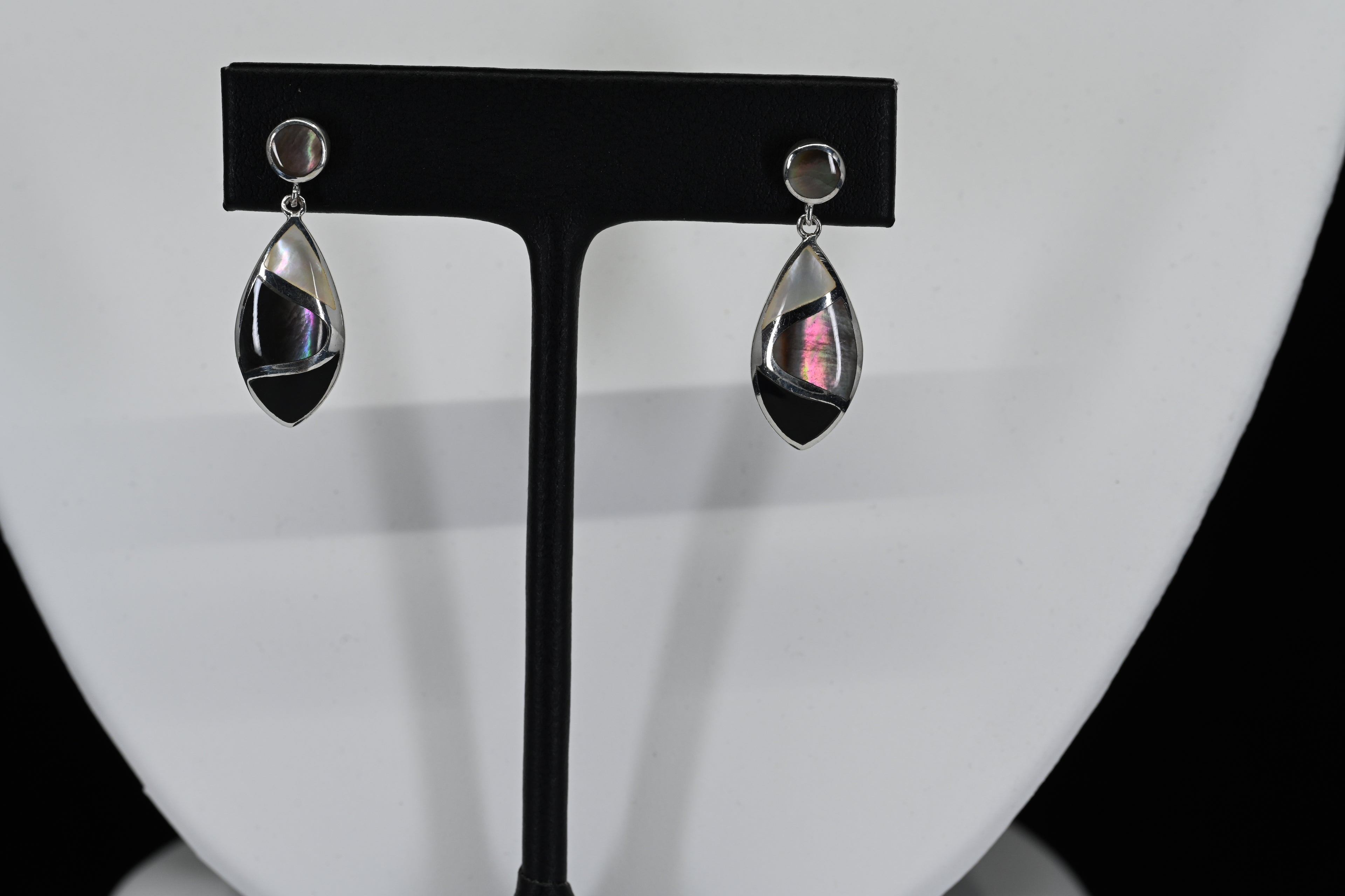 Sterling Silver Mother-Of-Pearl and Abalone With Black Stone Earrings