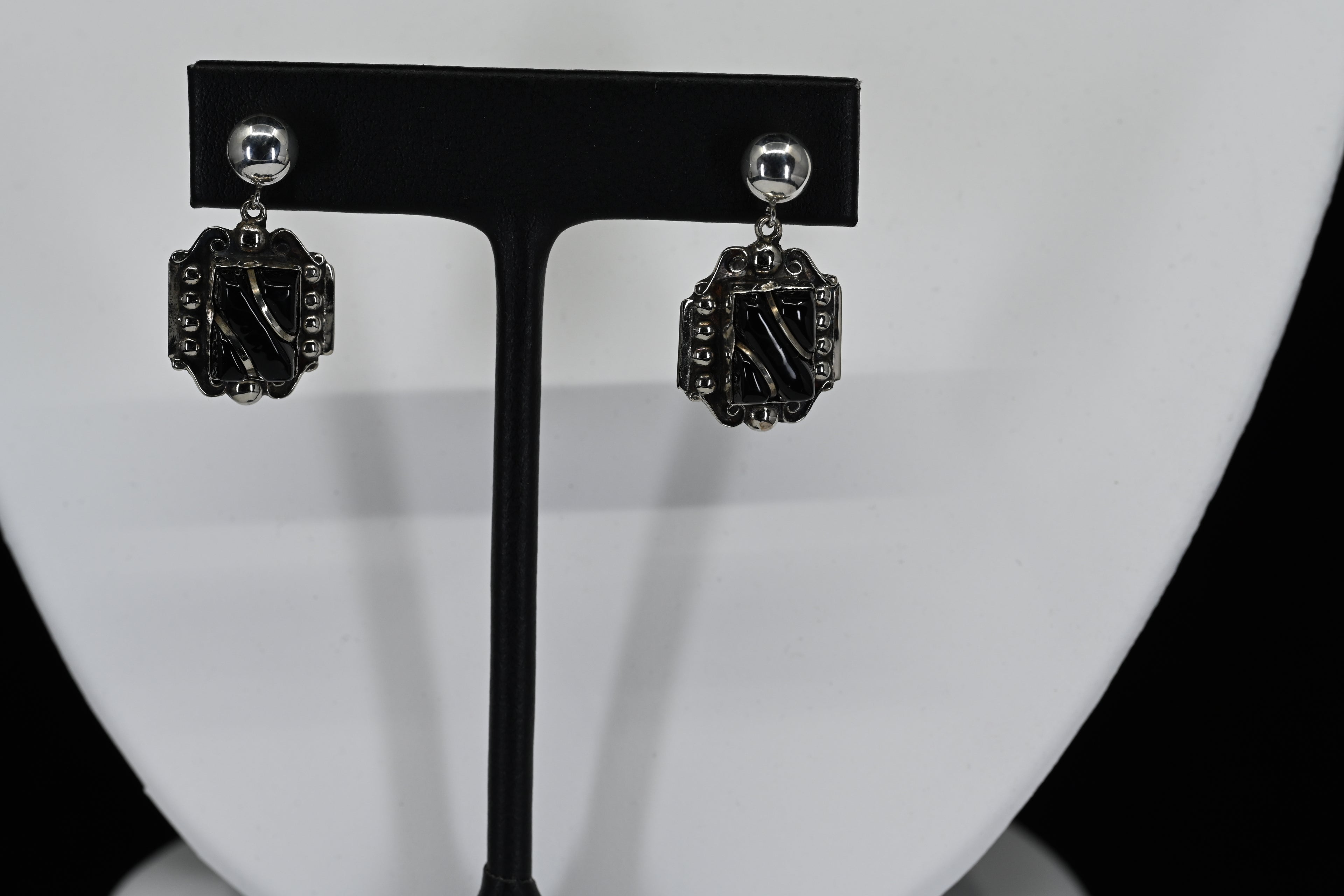 Sterling Silver Black Stone Dangle Stud Earrings
