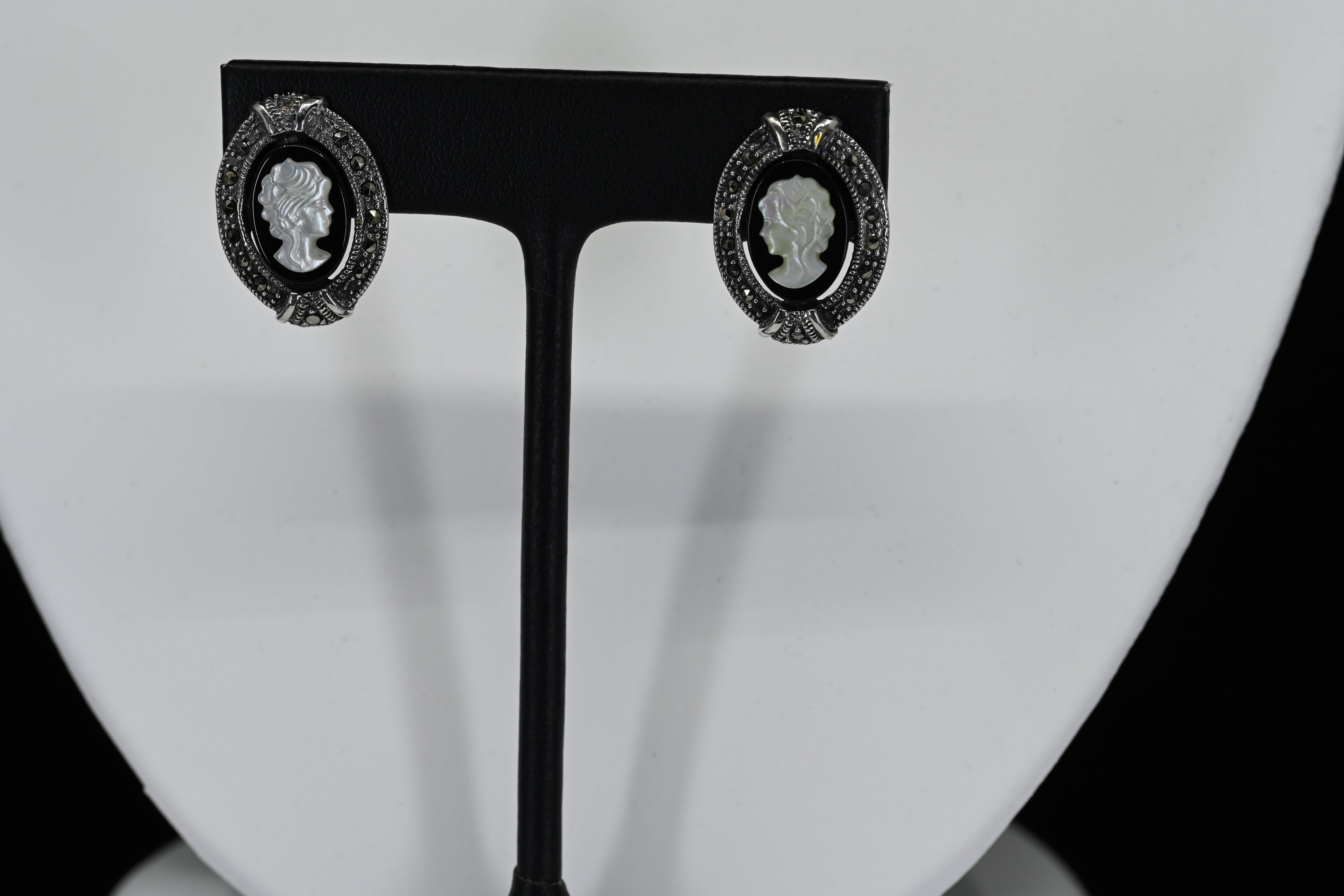 Sterling Silver Black Oval Cameo Stud Earrings