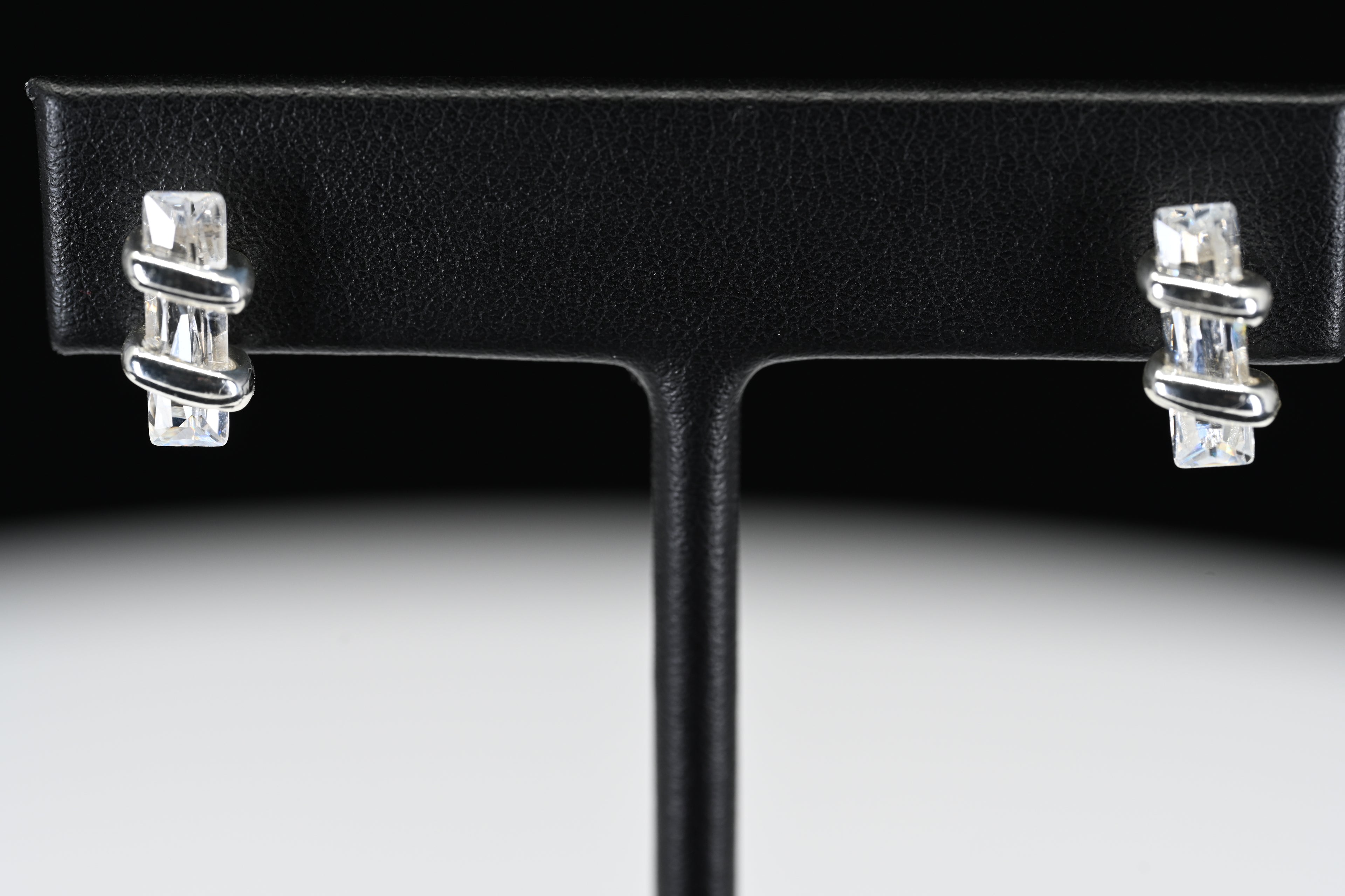 Sterling Silver Colorless Emeral Cut Stone Stud Earrings