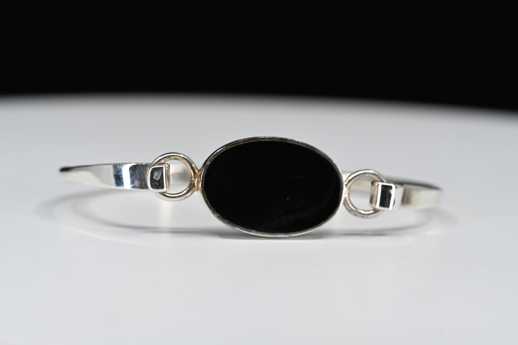 Sterling Silver Oval Black Stone Hinged Bracelet