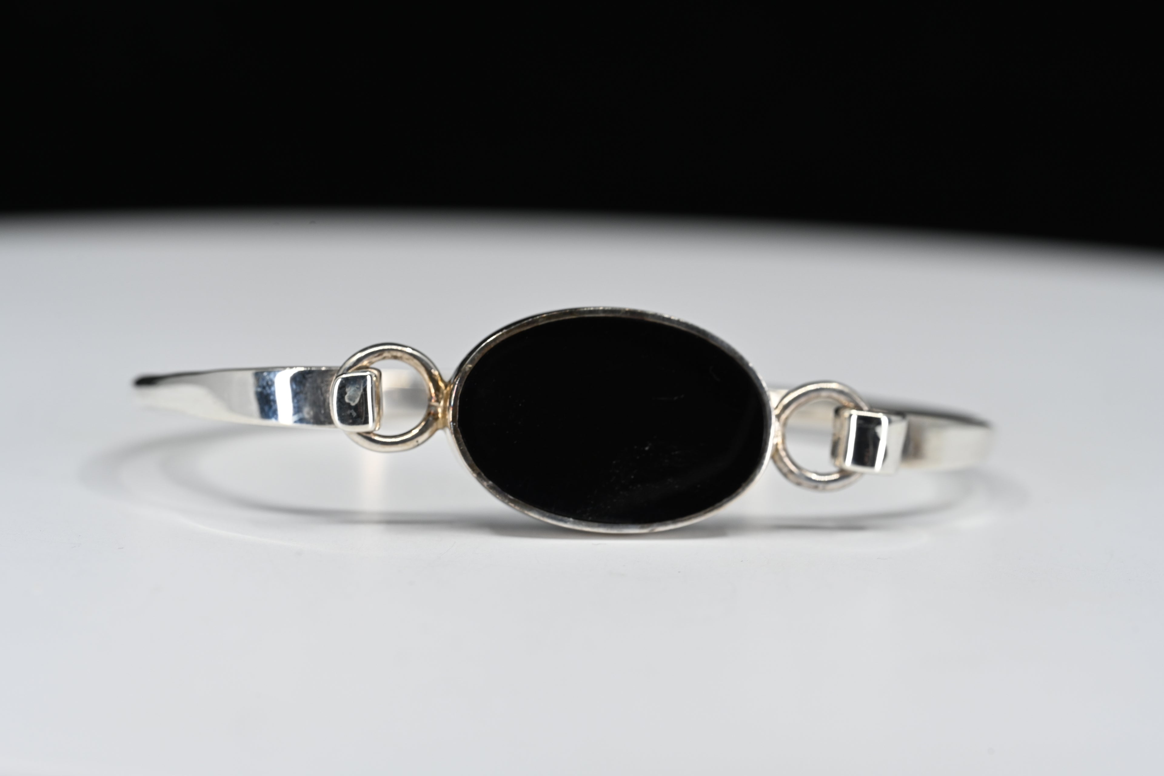Sterling Silver Oval Black Stone Hinged Bracelet