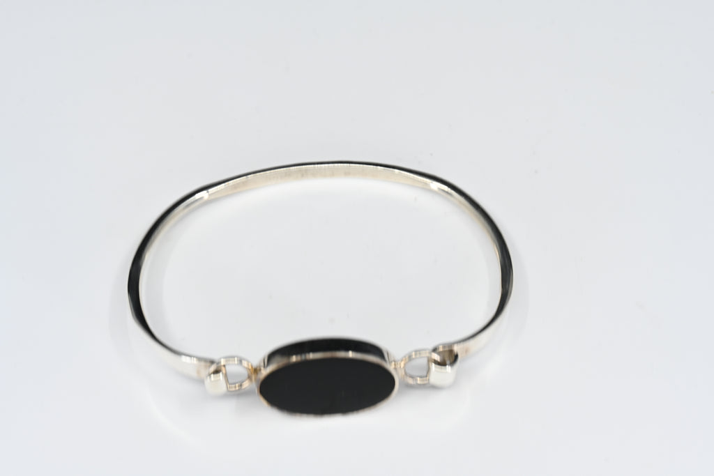 Sterling Silver Oval Black Stone Hinged Bracelet