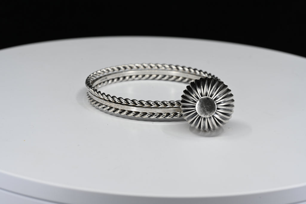 Sterling Silver Rope Bangle With Round Charm Bracelet