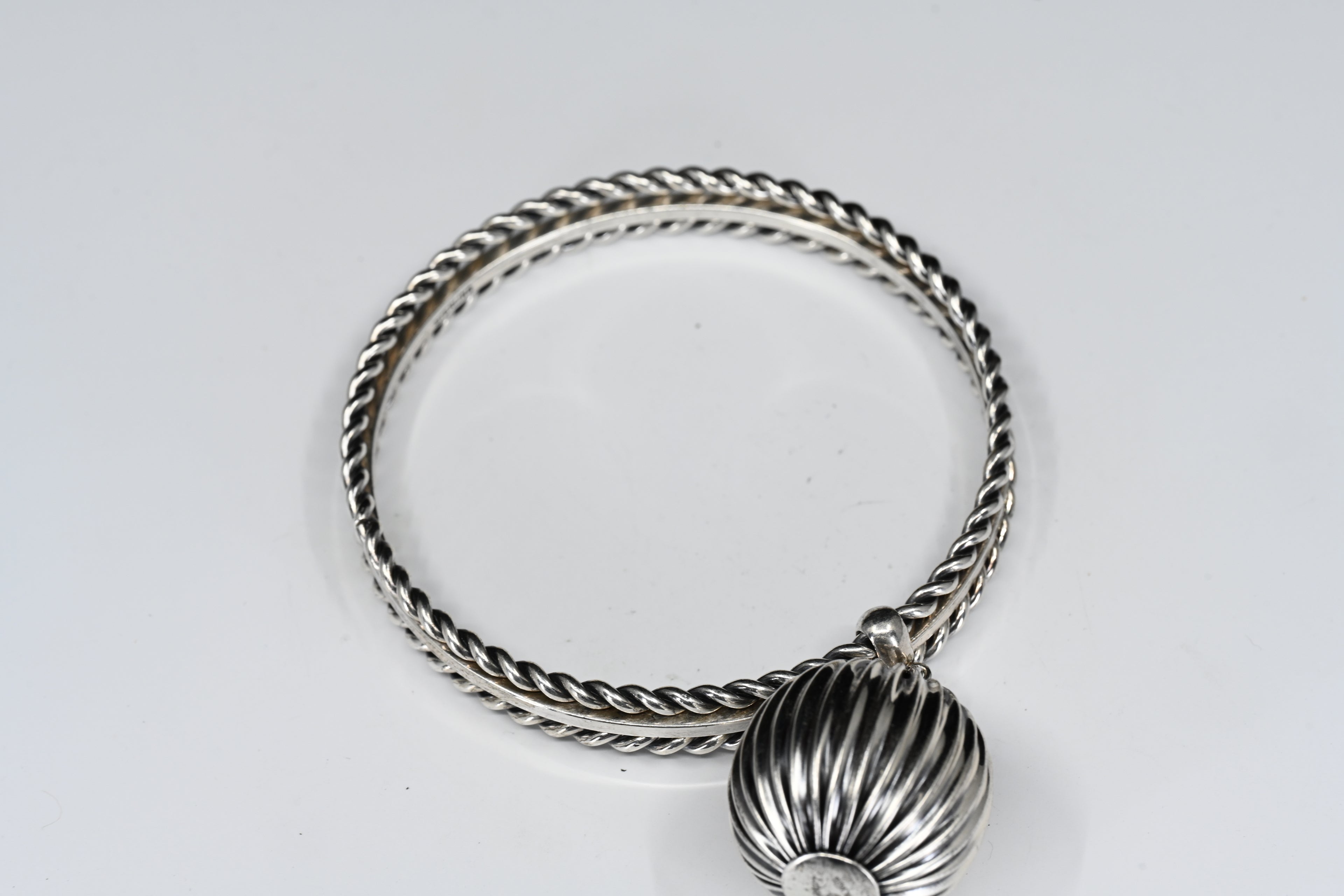 Sterling Silver Rope Bangle With Round Charm Bracelet