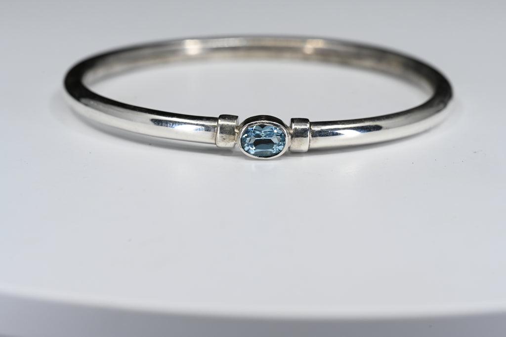 Sterling Silver Oval Light Blue Stone Bangle Bracelet