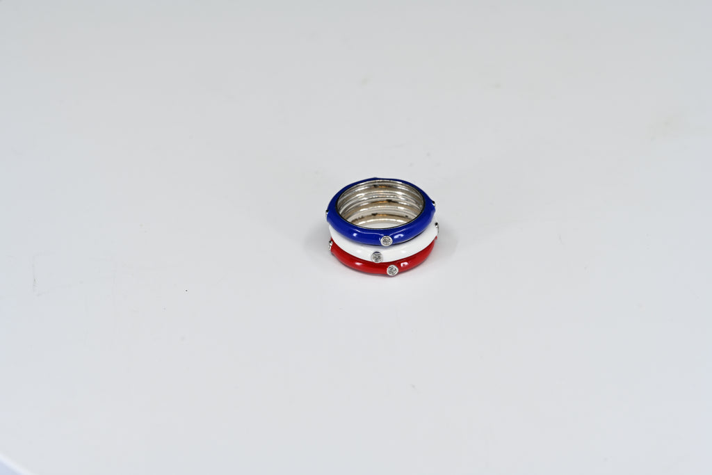 Sterling Silver Red White And Blue Stacked Ring Set With Round Colorless Stones