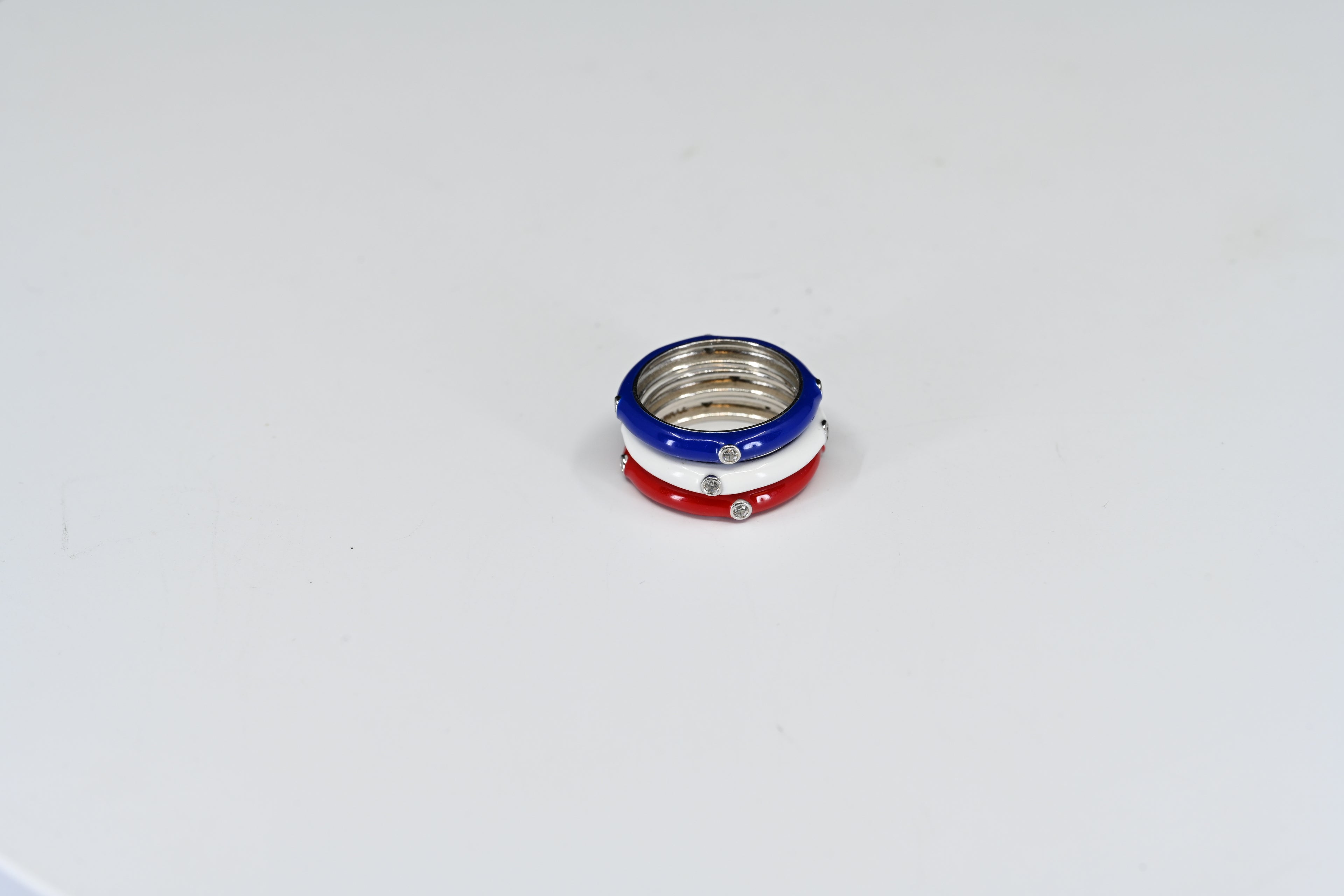 Sterling Silver Red White And Blue Stacked Ring Set With Round Colorless Stones