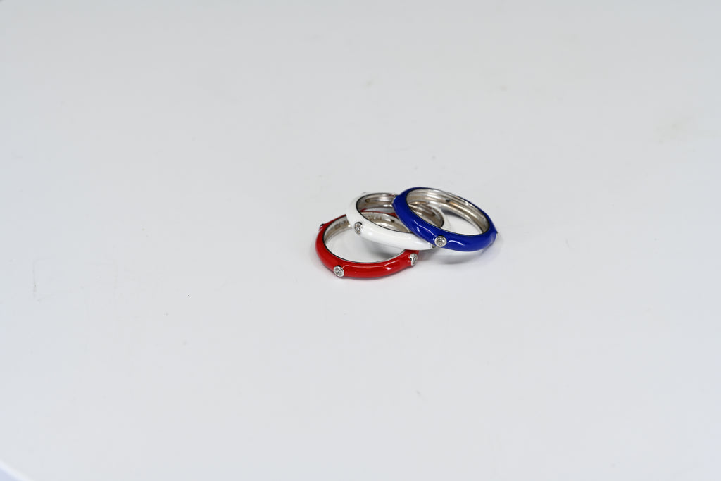 Sterling Silver Red White And Blue Stacked Ring Set With Round Colorless Stones