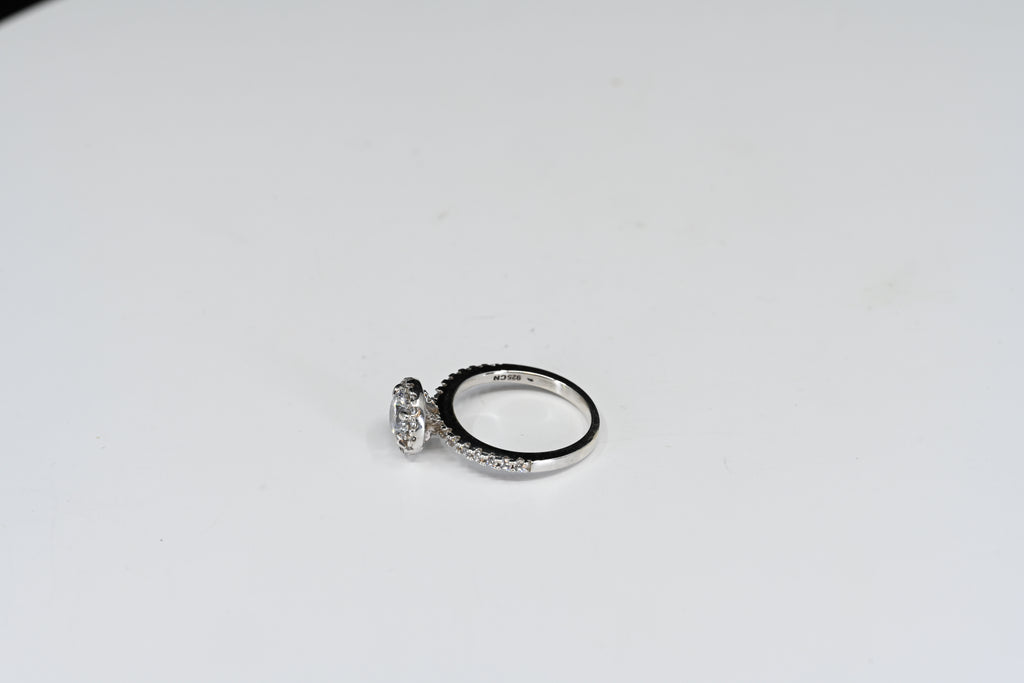 Sterling Silver Round Colorless Stones With Halo And Down The Sides Ring