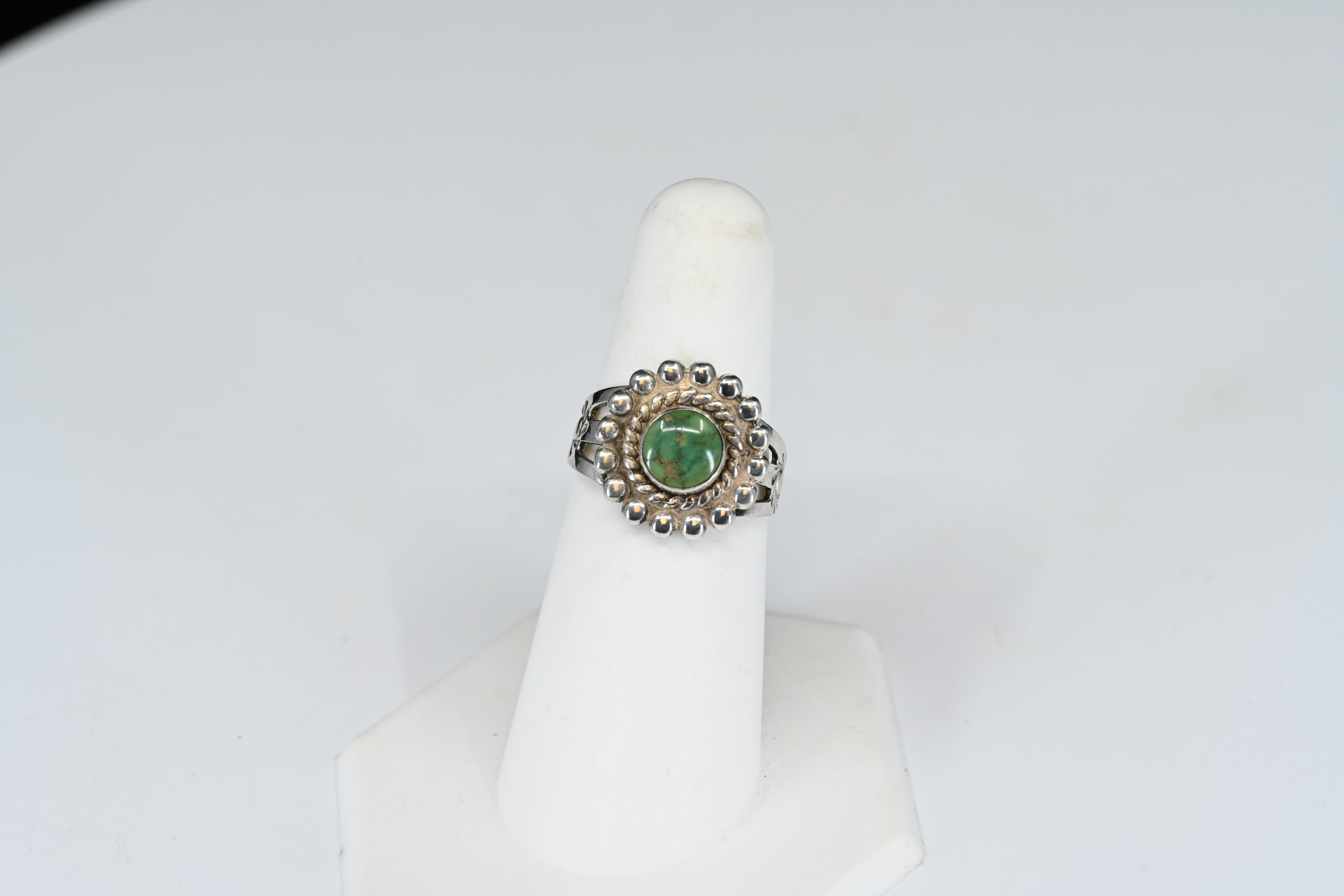 Sterling Silver Round Cabochon Cut Green Stone  Ring