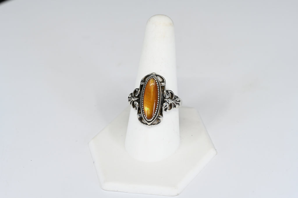 Sterling Silver Orange Oval Cabochon Cut Stone Solitaire Ring
