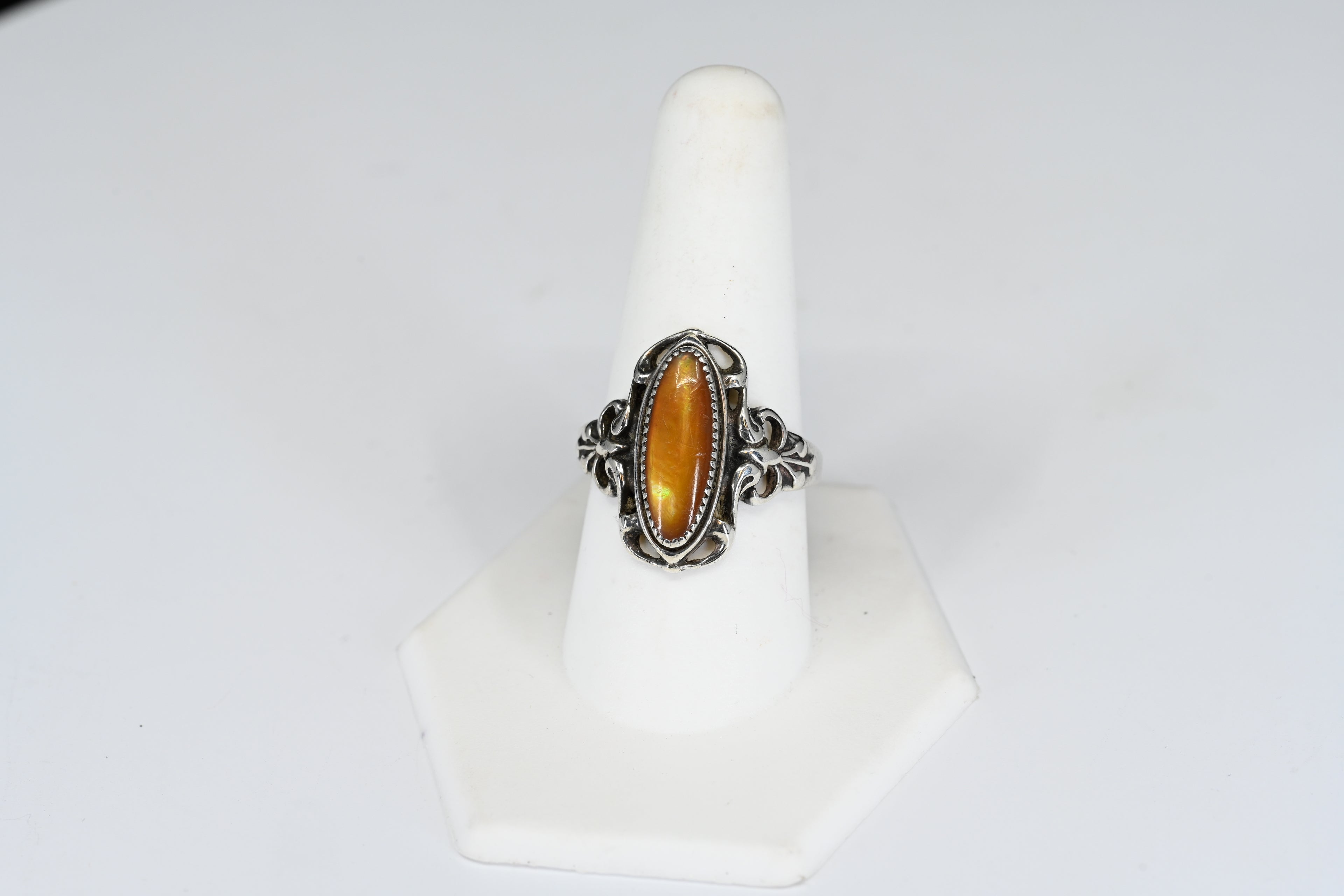 Sterling Silver Orange Oval Cabochon Cut Stone Solitaire Ring