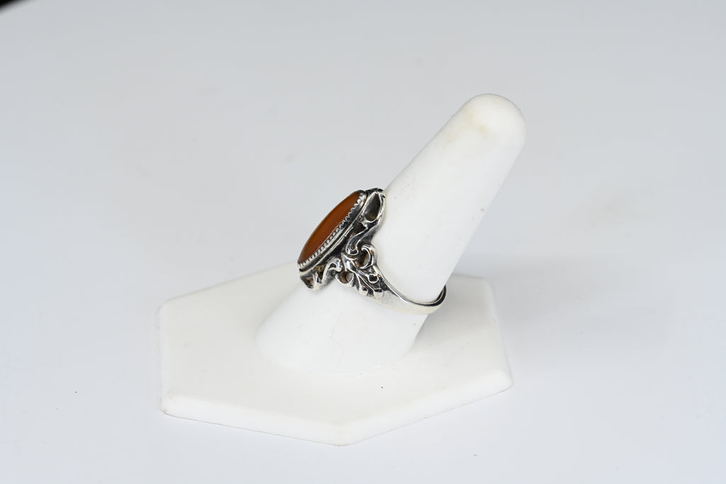 Sterling Silver Orange Oval Cabochon Cut Stone Solitaire Ring