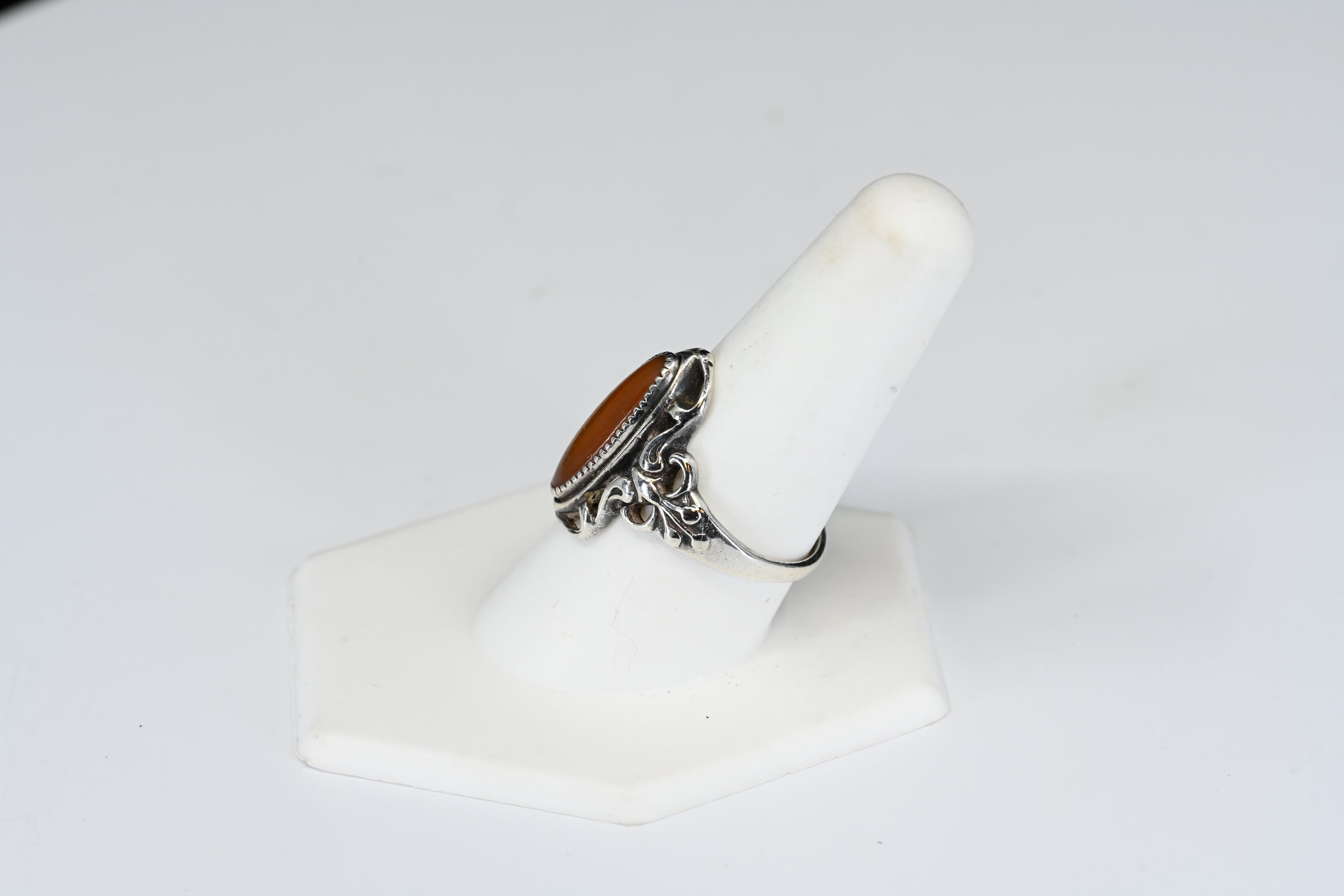 Sterling Silver Orange Oval Cabochon Cut Stone Solitaire Ring