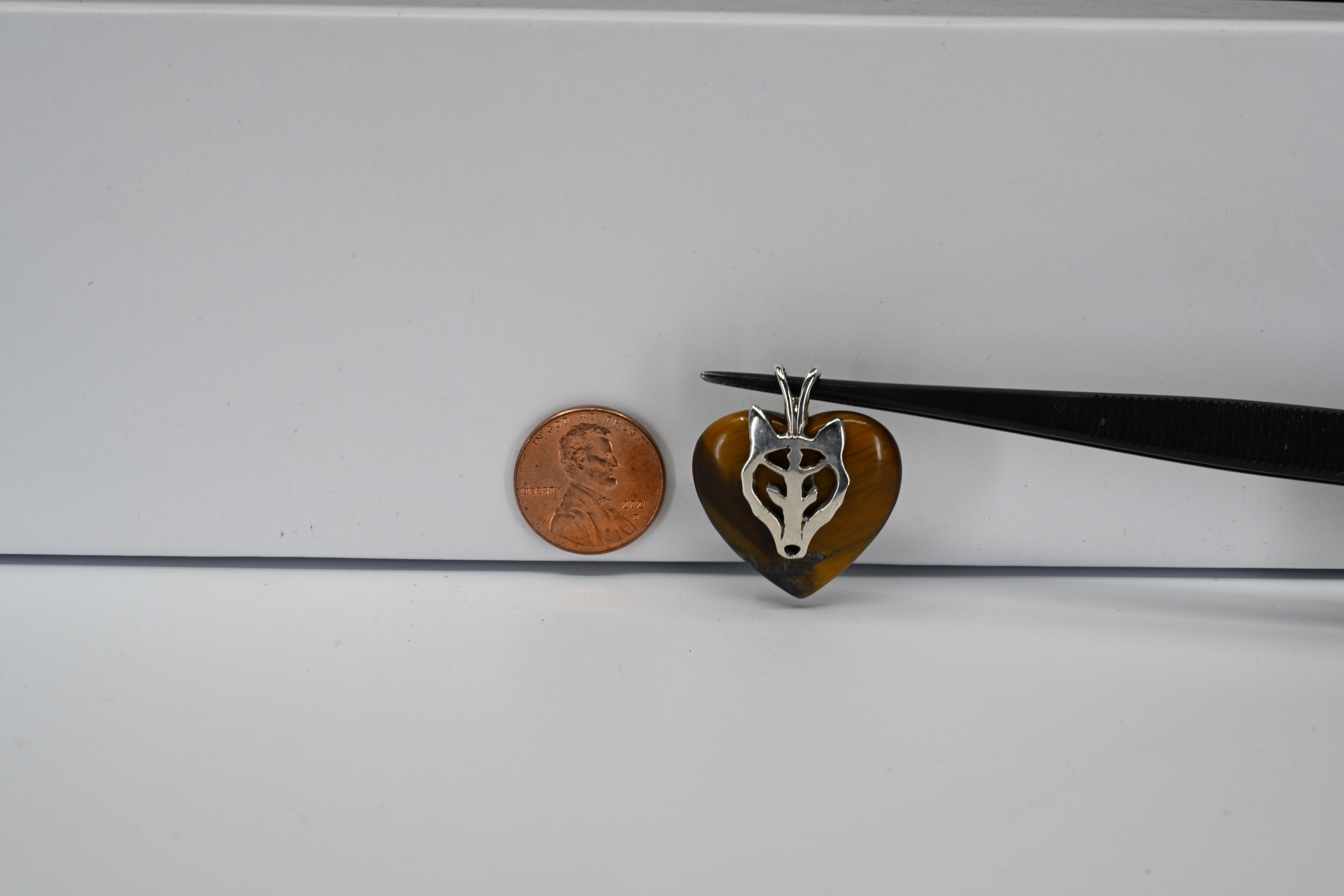 Sterling Silver Wolf Face  with Synthetic Tiger Eye Heart Pendant