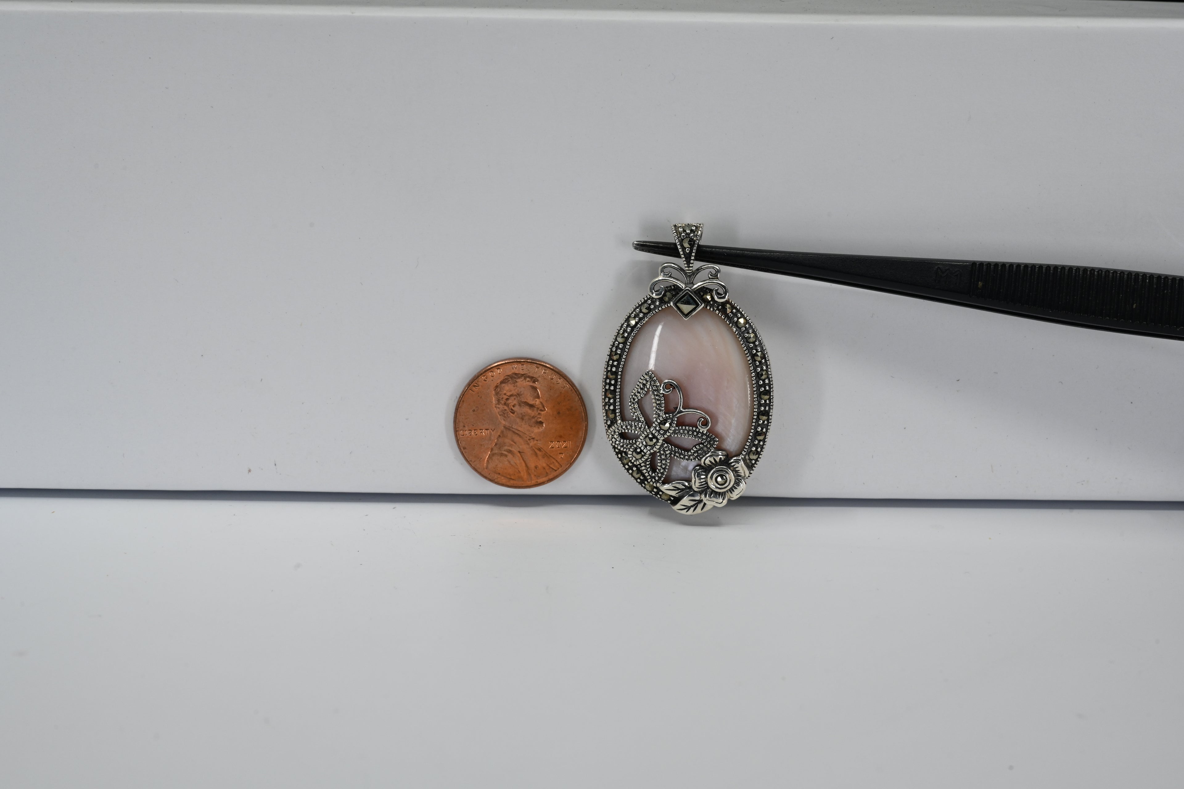 Sterling Silver Oval Mother Of Pearl  With Butterfly Pendant