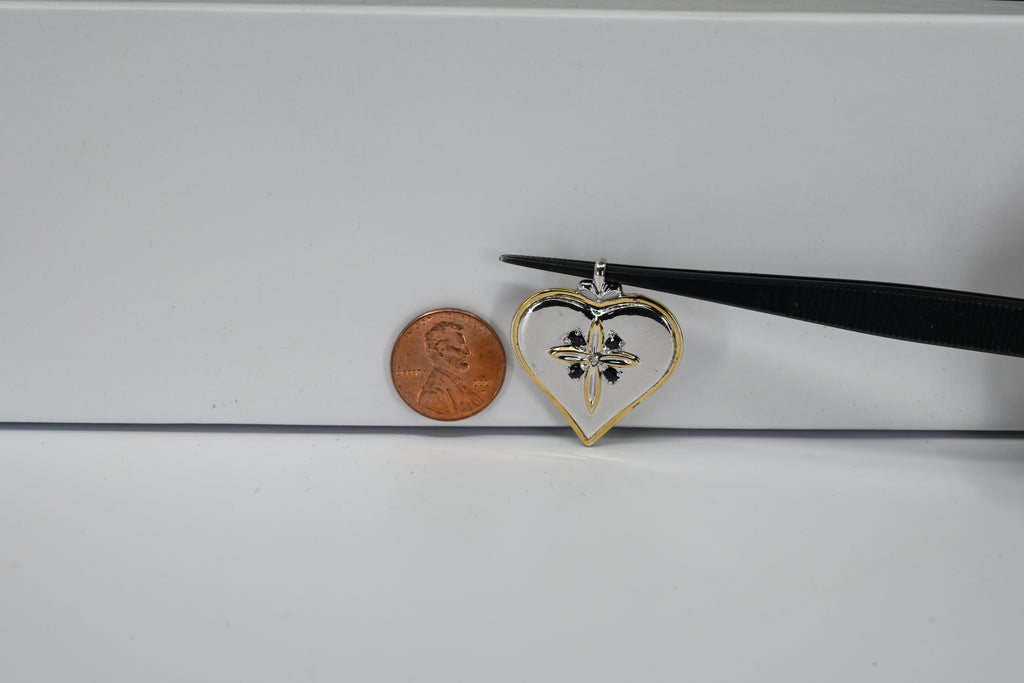 Sterling Silver Heart Sharped w/ Yellow-Tone Accents Cross w/ Round Colorless & Black Stones  Pendant