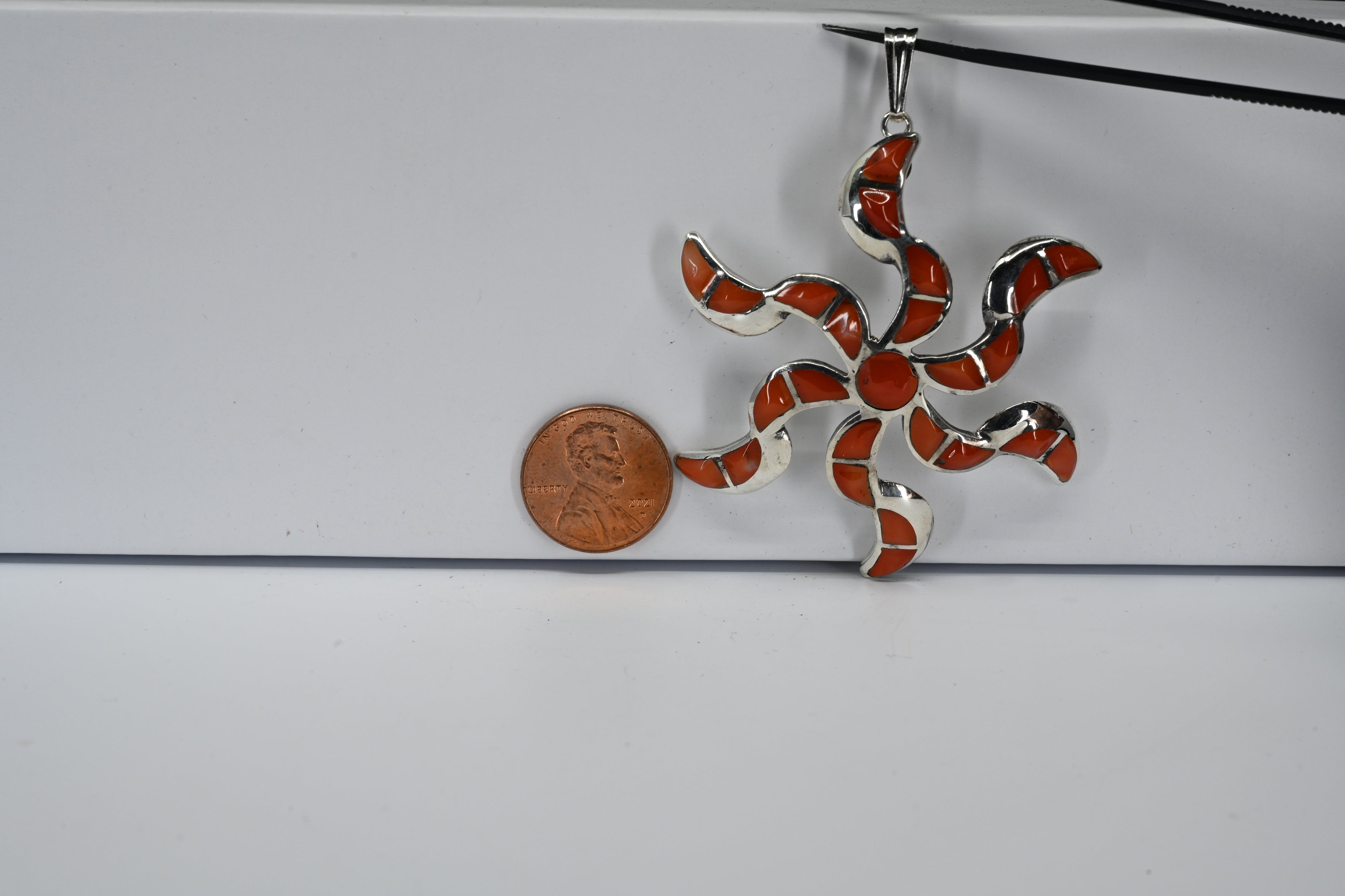 Sterling Silver Sunburst With Orange Inlay Pendant