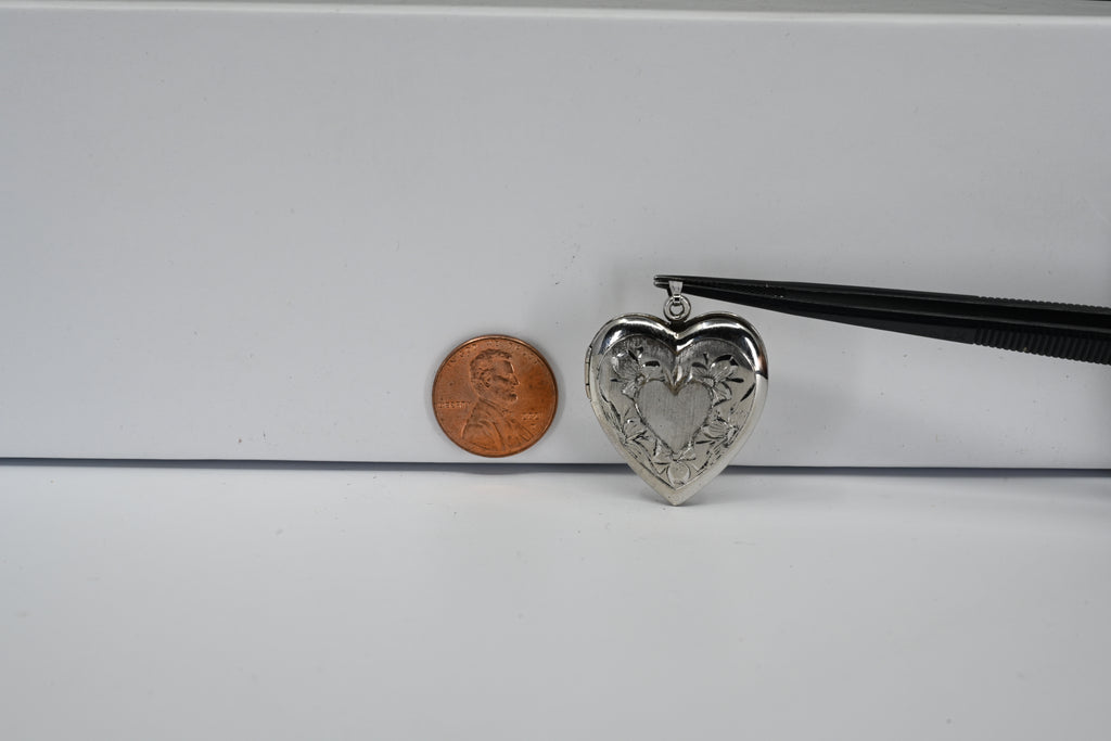 Sterling Silver Floral Engraved Heart Locket Pendant