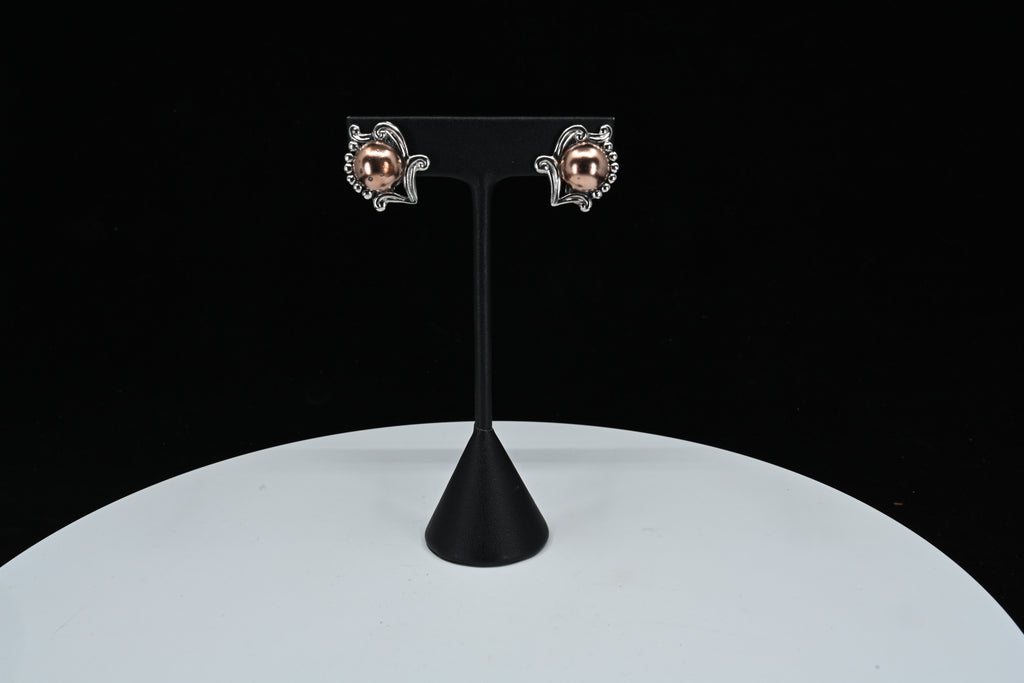 Sterling Silver Copper Center  Floral Clip On Earrings